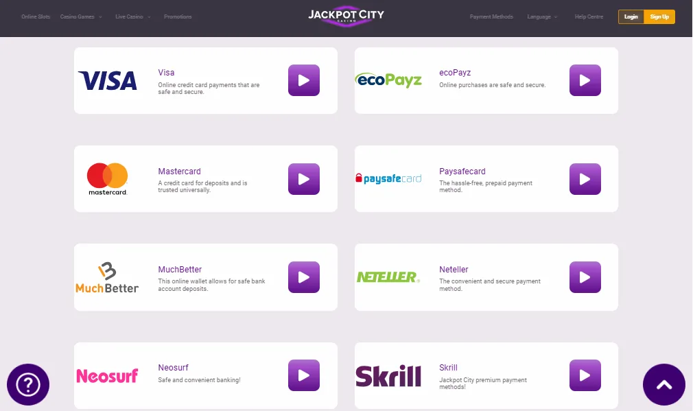 Screenshot of JackpotCity's cashier and payment methods