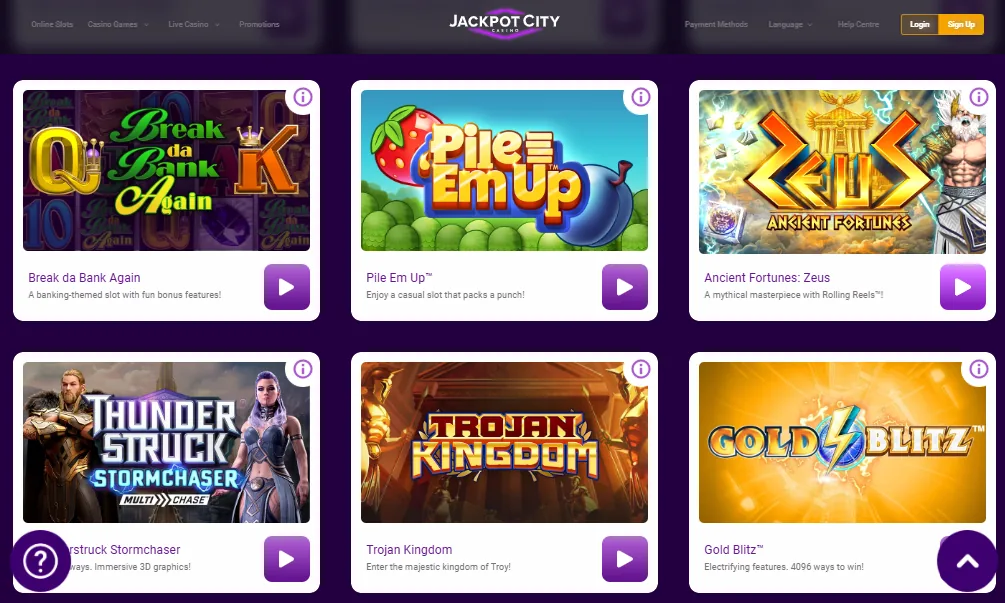 Screenshot of JackpotCity's games lobby