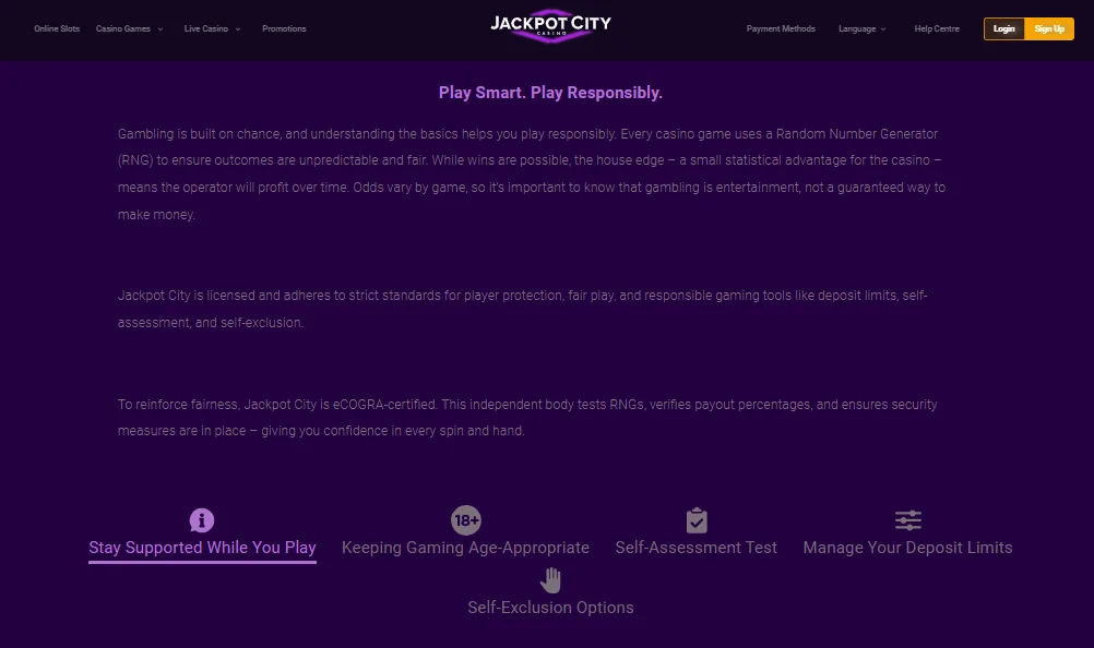 Screenshot of JackpotCity's responsible-gambling tools
