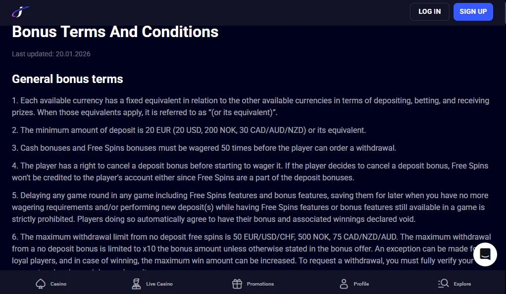 Screenshot of Jet4Bet's bonus terms and wagering requirements
