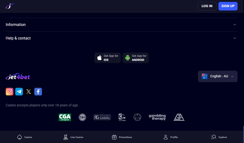 Screenshot of Jet4Bet's footer licence and regulator details