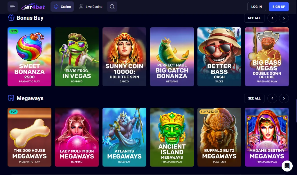 Screenshot of Jet4Bet's games lobby