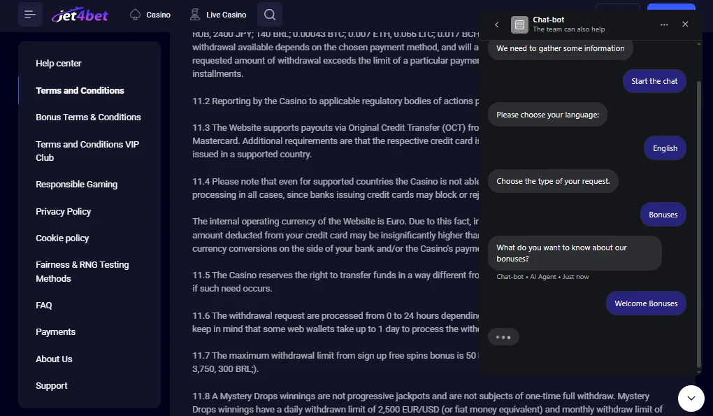 Screenshot of Jet4Bet's live chat support window
