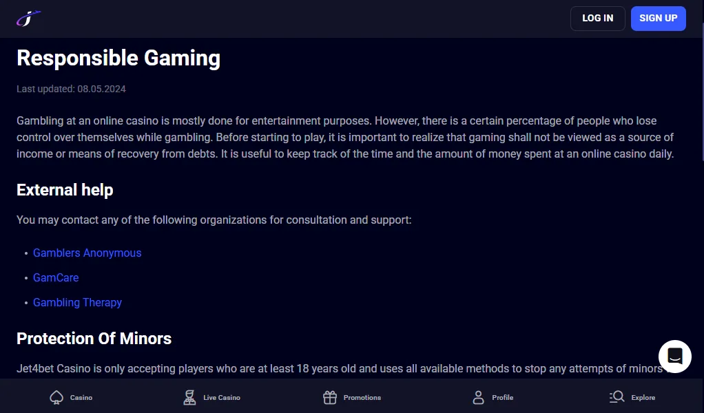 Screenshot of Jet4Bet's responsible-gambling tools