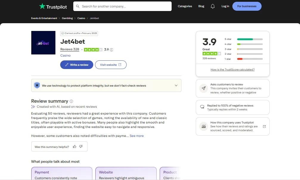 Screenshot of Jet4Bet's Trustpilot rating overview