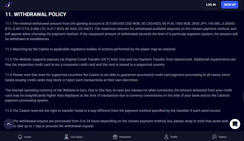 Screenshot of Jet4Bet's withdrawal section and limits