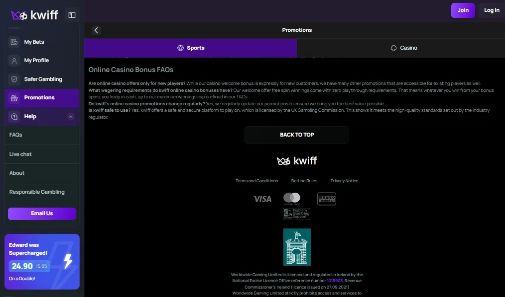 Screenshot of Kwiff's bonus terms and wagering requirements