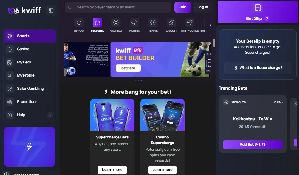 Screenshot of Kwiff's homepage