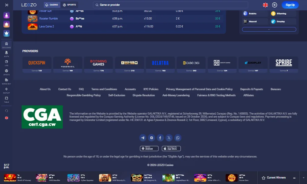 Screenshot of Legzo's footer licence and regulator details