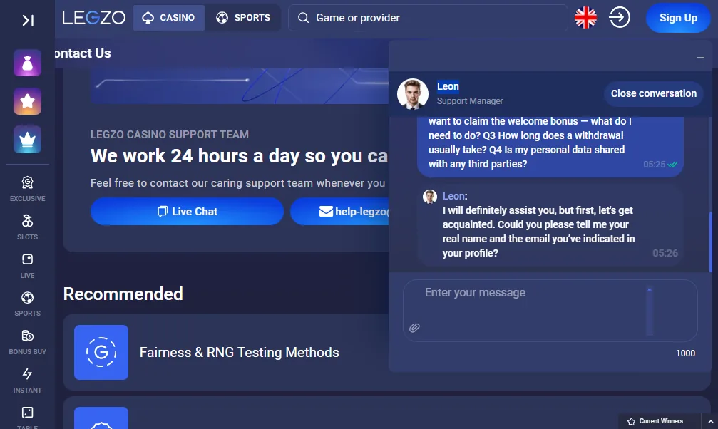 Screenshot of Legzo's live chat support window