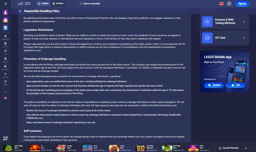 Screenshot of Legzo's responsible-gambling tools