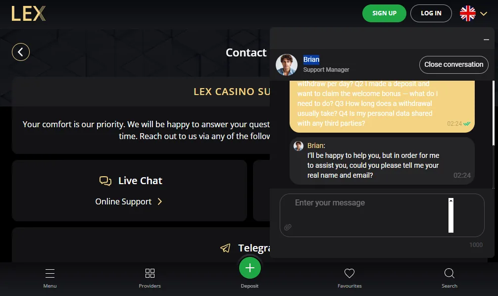 Screenshot of Lex's live chat support window