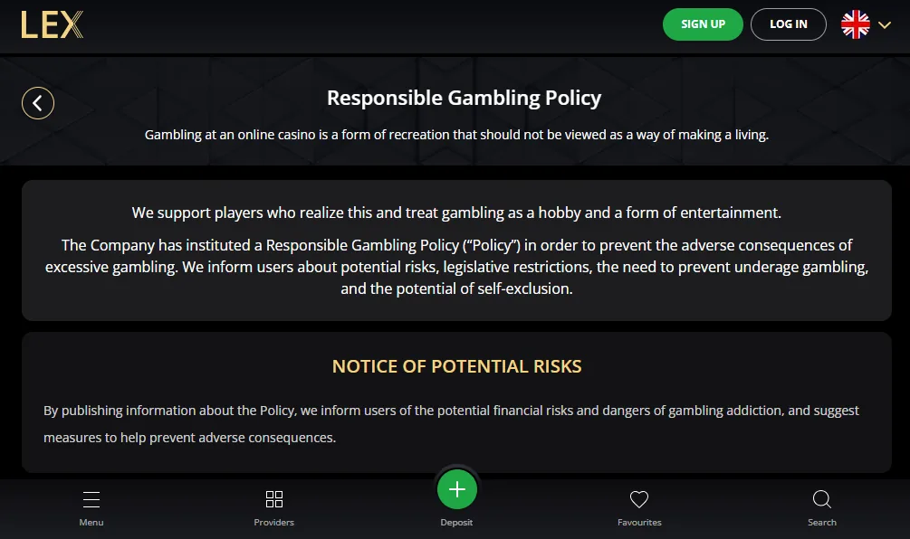 Screenshot of Lex's responsible-gambling tools