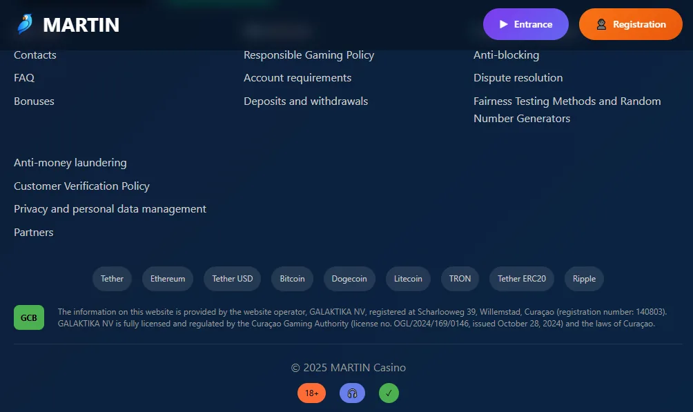 Screenshot of Martin's footer licence and regulator details