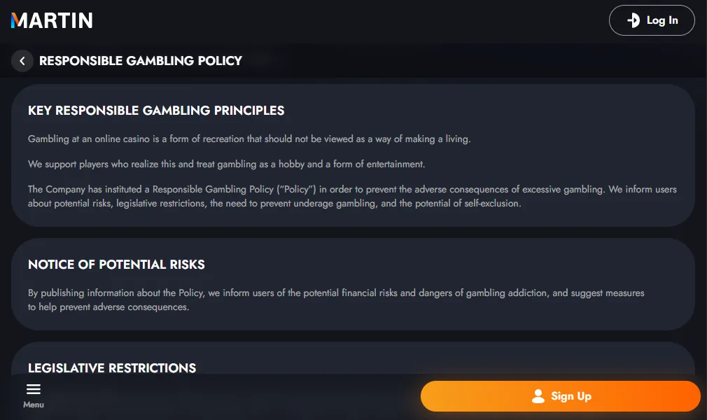 Screenshot of Martin's responsible-gambling tools