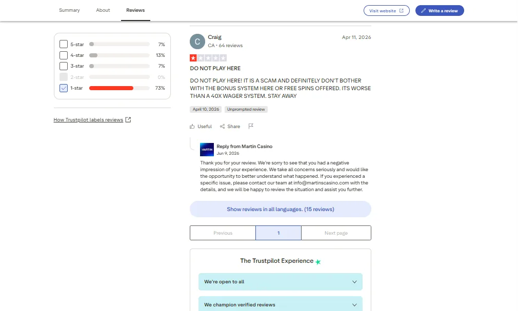 Screenshot of Martin's negative Trustpilot review