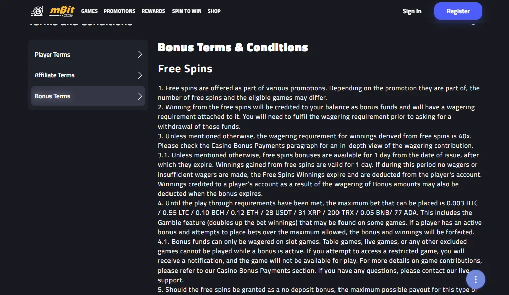 Screenshot of mBit Casino's bonus terms and wagering requirements