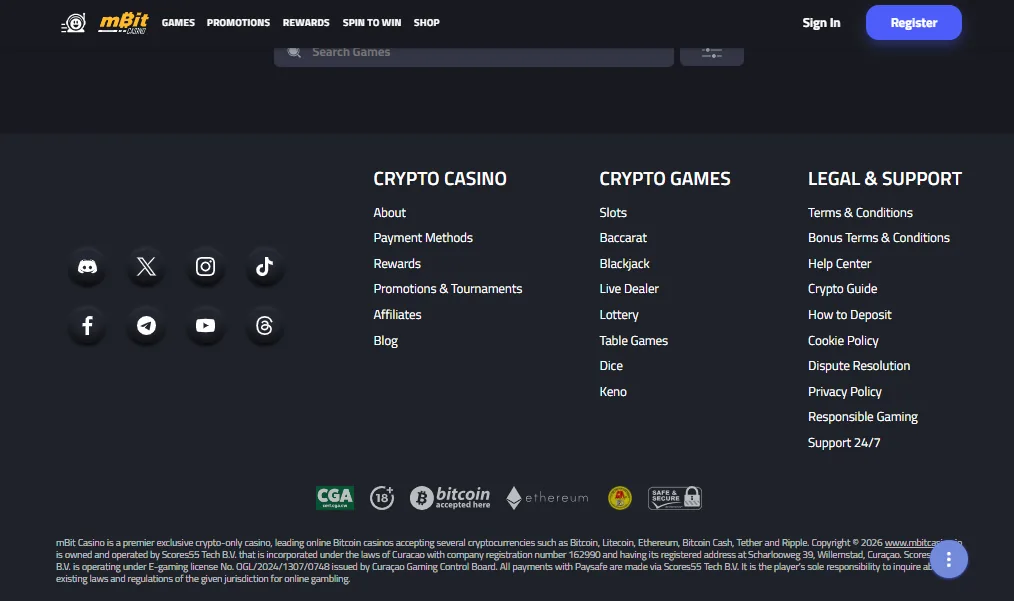 Screenshot of mBit Casino's footer licence and regulator details