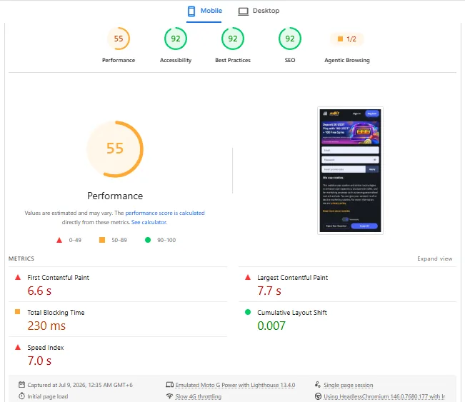 Screenshot of mBit Casino's mobile site