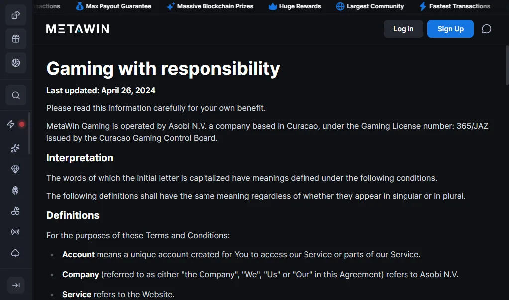 Screenshot of MetaWin's responsible-gambling tools