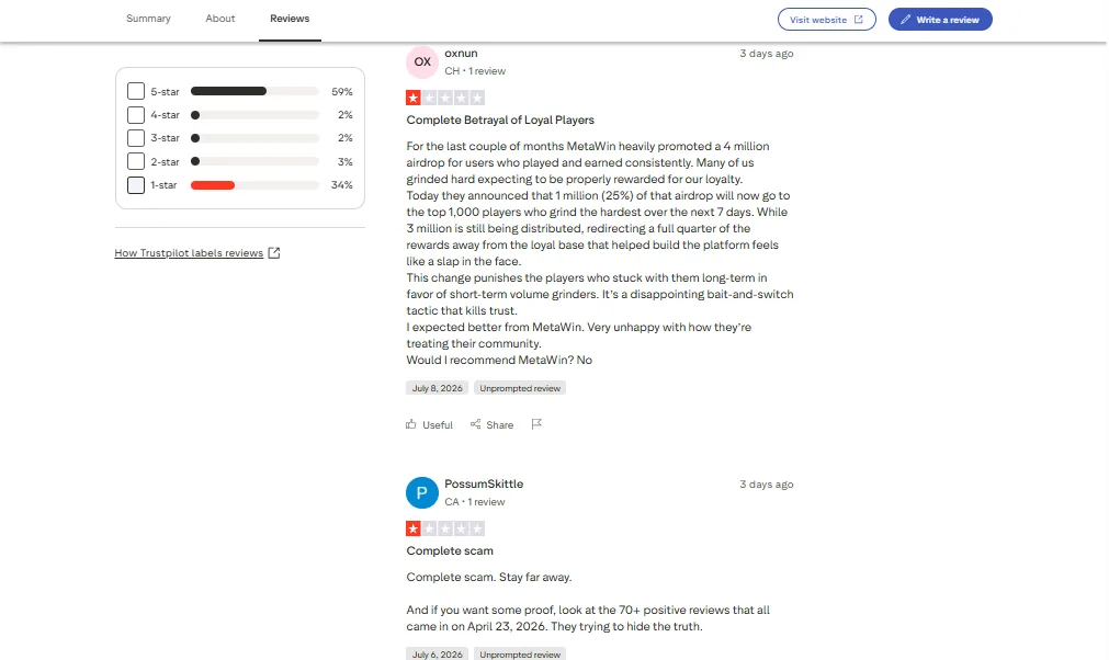 Screenshot of MetaWin's negative Trustpilot review