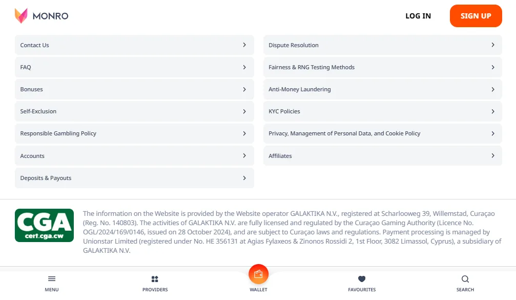 Screenshot of Monro's footer licence and regulator details
