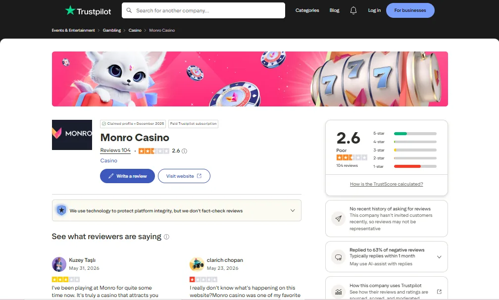 Screenshot of Monro's Trustpilot rating overview