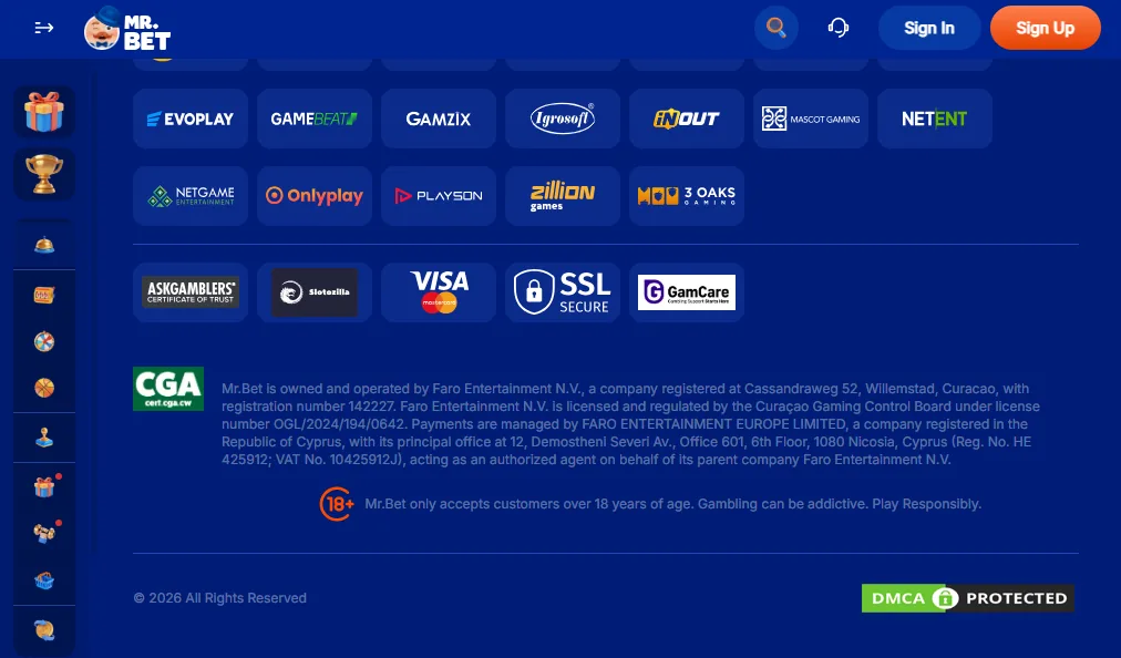 Screenshot of Mr.Bet's footer licence and regulator details