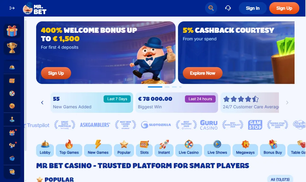 Screenshot of Mr.Bet's homepage