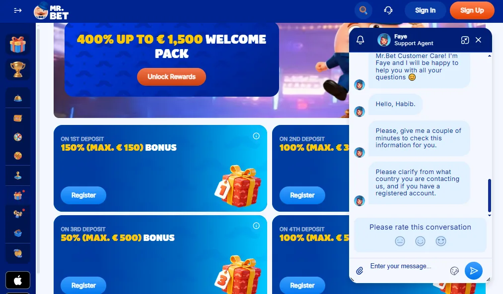 Screenshot of Mr.Bet's live chat support window