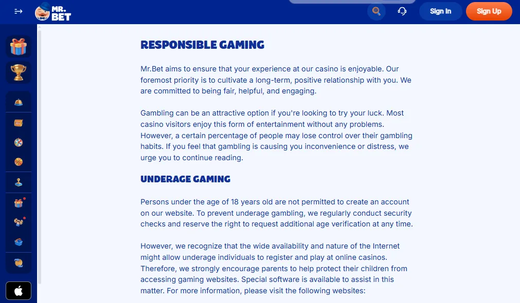 Screenshot of Mr.Bet's responsible-gambling tools