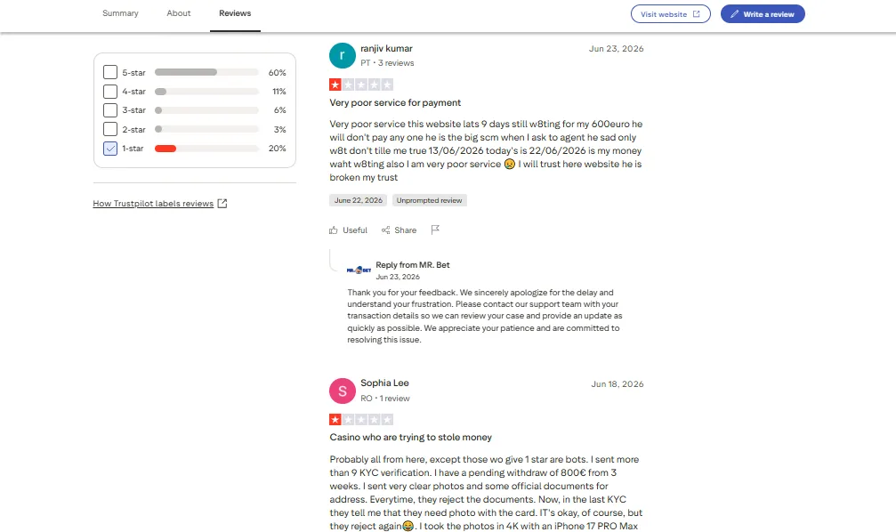 Screenshot of Mr.Bet's negative Trustpilot review