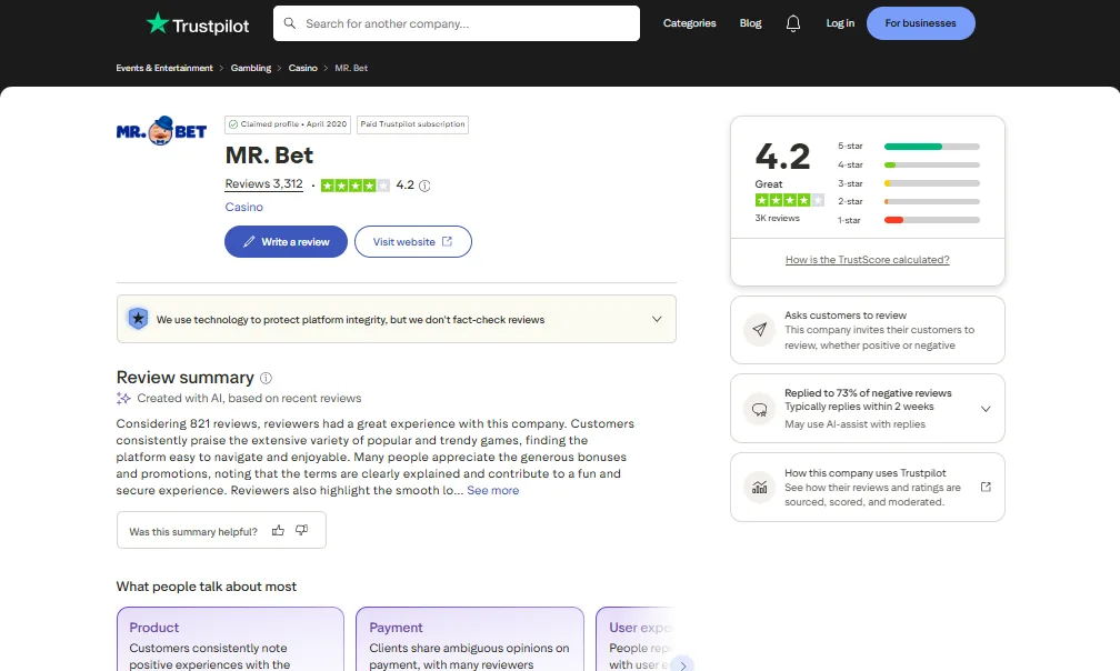 Screenshot of Mr.Bet's Trustpilot rating overview