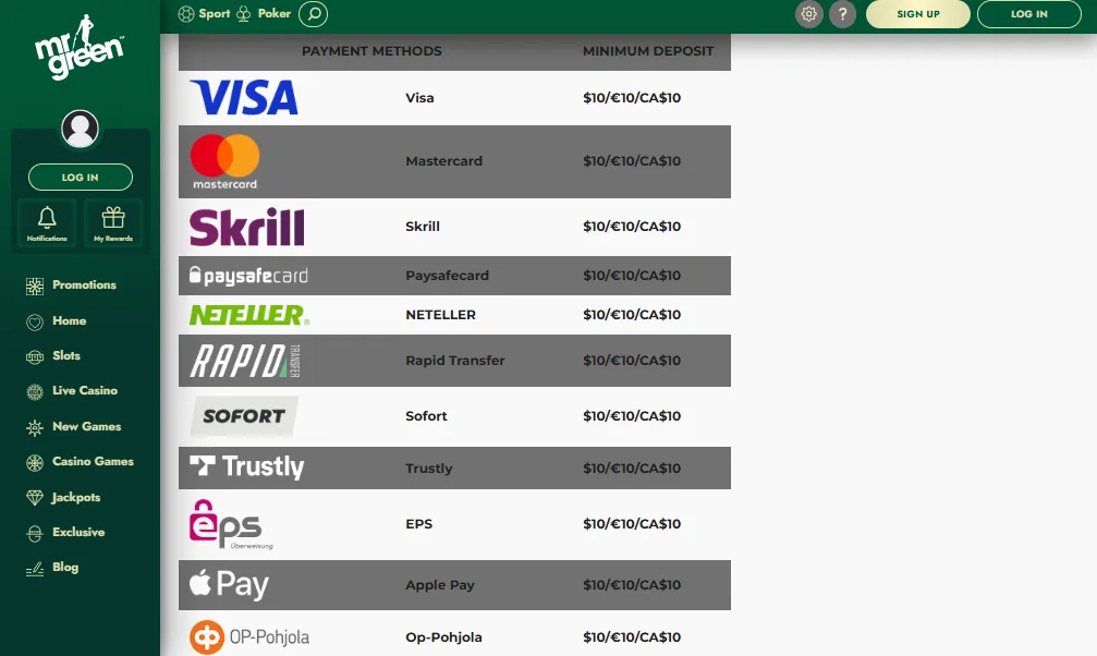 Screenshot of Mr Green's cashier and payment methods