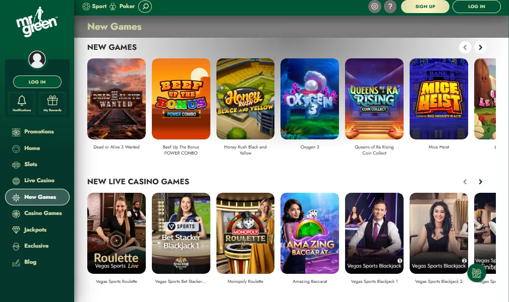 Screenshot of Mr Green's games lobby