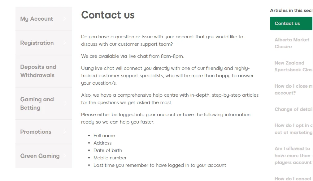 Screenshot of Mr Green's live chat support window