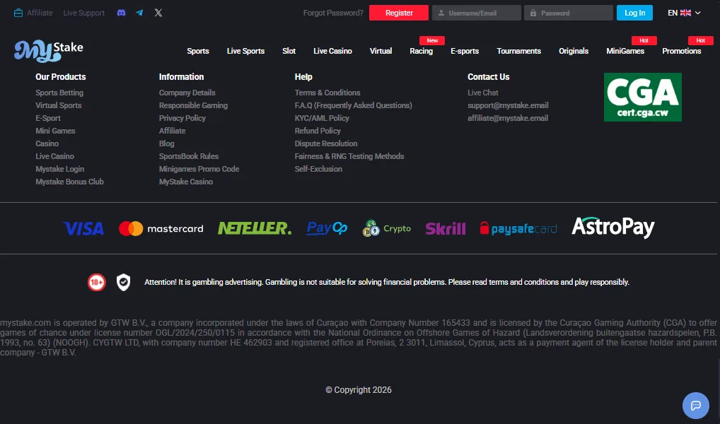 Screenshot of MyStake's footer licence and regulator details
