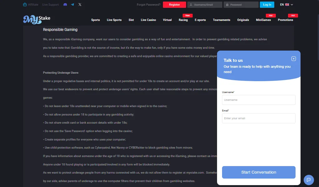 Screenshot of MyStake's live chat support window