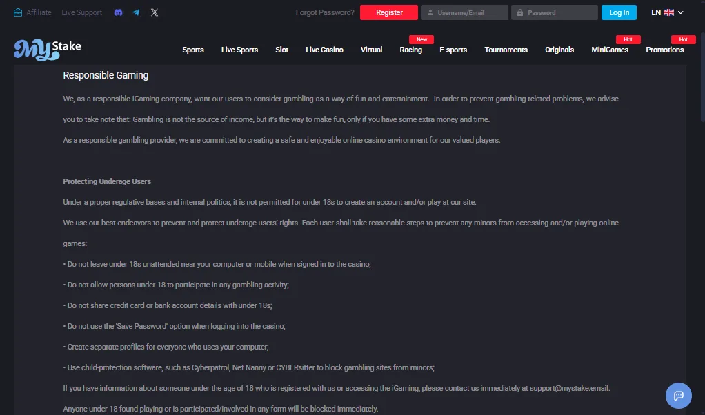 Screenshot of MyStake's responsible-gambling tools