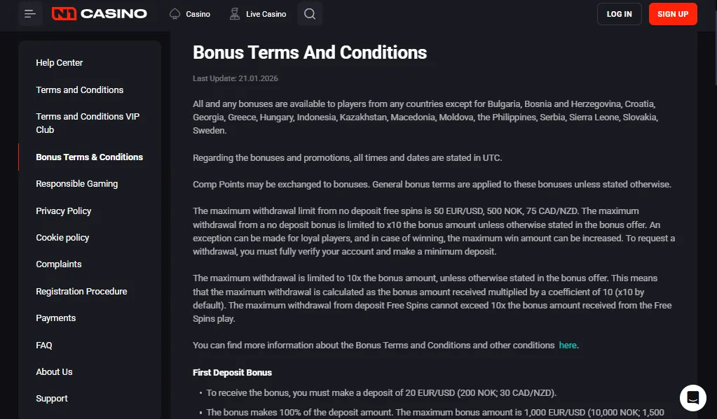 Screenshot of N1 Casino's bonus terms and wagering requirements