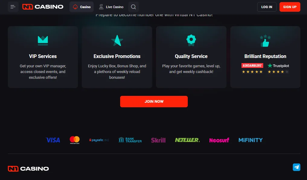 Screenshot of N1 Casino's cashier and payment methods