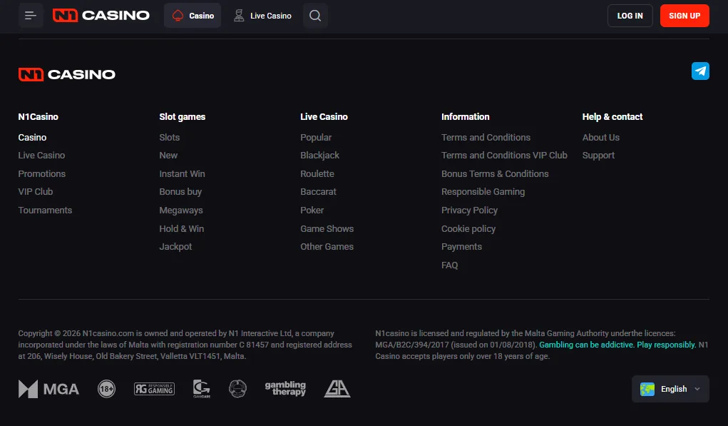 Screenshot of N1 Casino's footer licence and regulator details