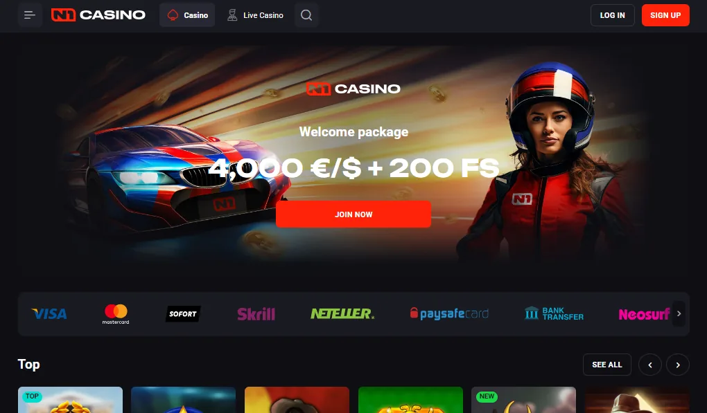 Screenshot of N1 Casino's homepage