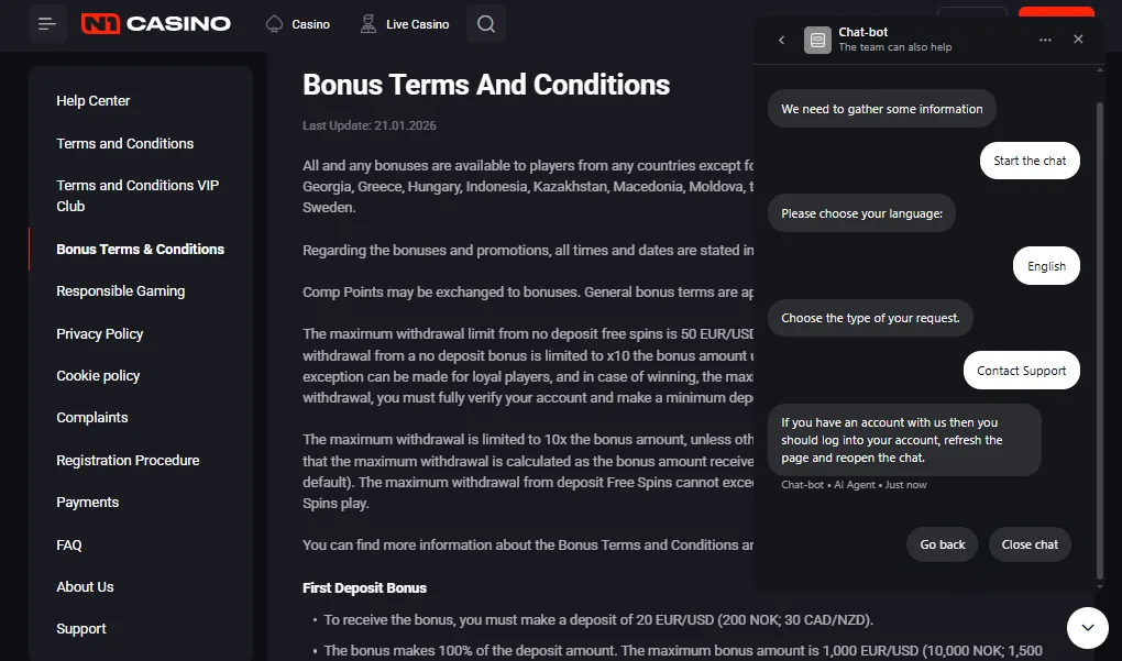 Screenshot of N1 Casino's live chat support window