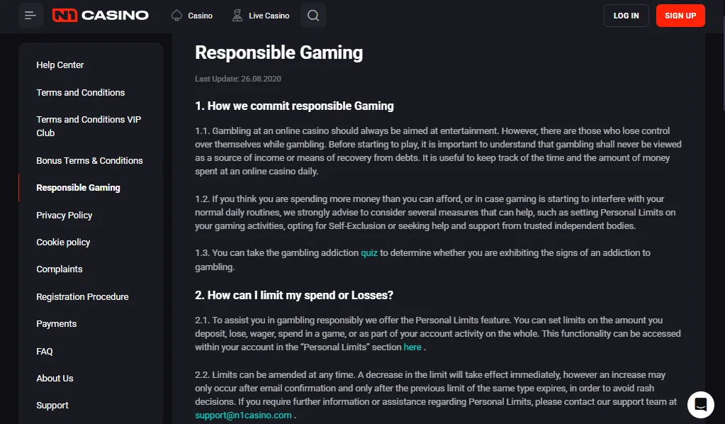 Screenshot of N1 Casino's responsible-gambling tools
