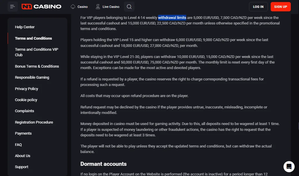 Screenshot of N1 Casino's withdrawal section and limits