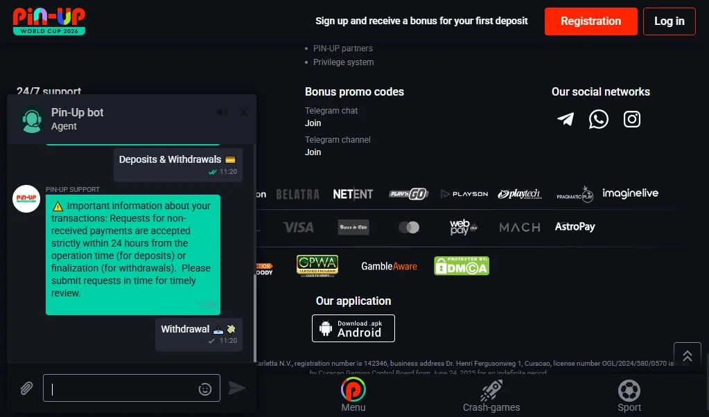 Screenshot of Pin-Up's live chat support window