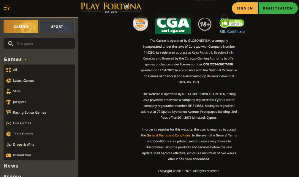 Screenshot of Play Fortuna's footer licence and regulator details