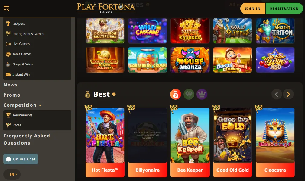 Screenshot of Play Fortuna's games lobby