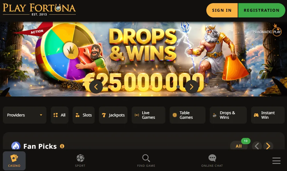 Screenshot of Play Fortuna's homepage